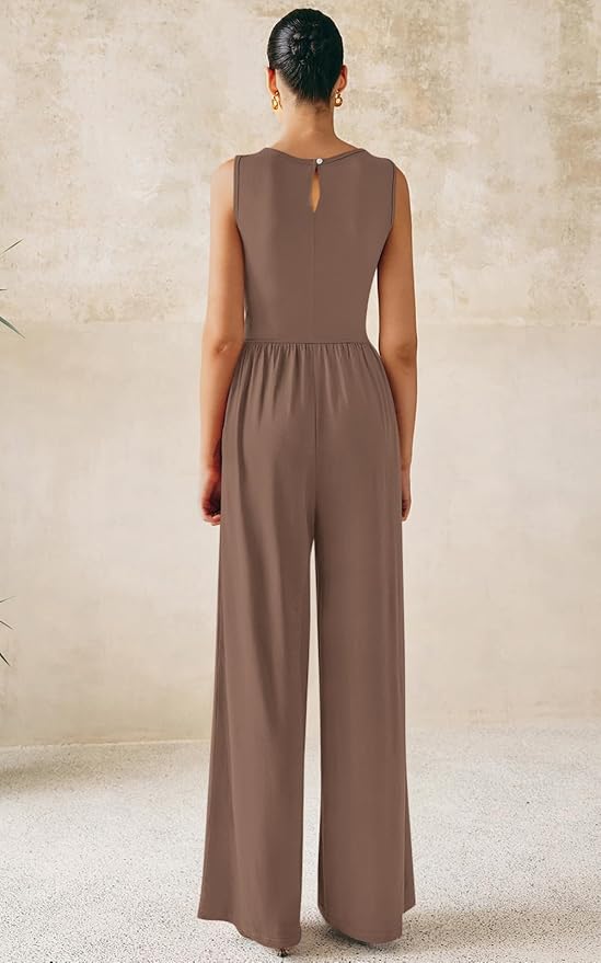 PRETTYGARDEN One Piece Jumpsuits for Women Dressy Casual Sleeveless Crewneck Wide Leg Rompers Jumpers Vacation Summer Outfits
