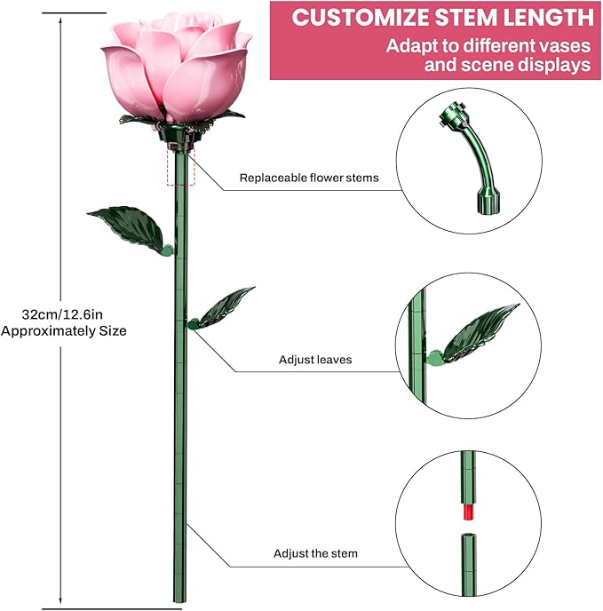 XGSHJ Valentine's Day Gift Pink Rose Bouquet Building Set for Adults Women - 12 Pack Botanical Collection Gift for Christmas Artificial Flowers Botanical Collection Centerpiece Retro Decor