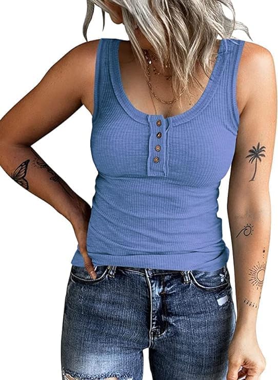 KINLONSAIR Women's Sleeveless Henley Tank Tops Ribbed V Neck Button Down T Shirts Summer Slim Fit Tee Tops