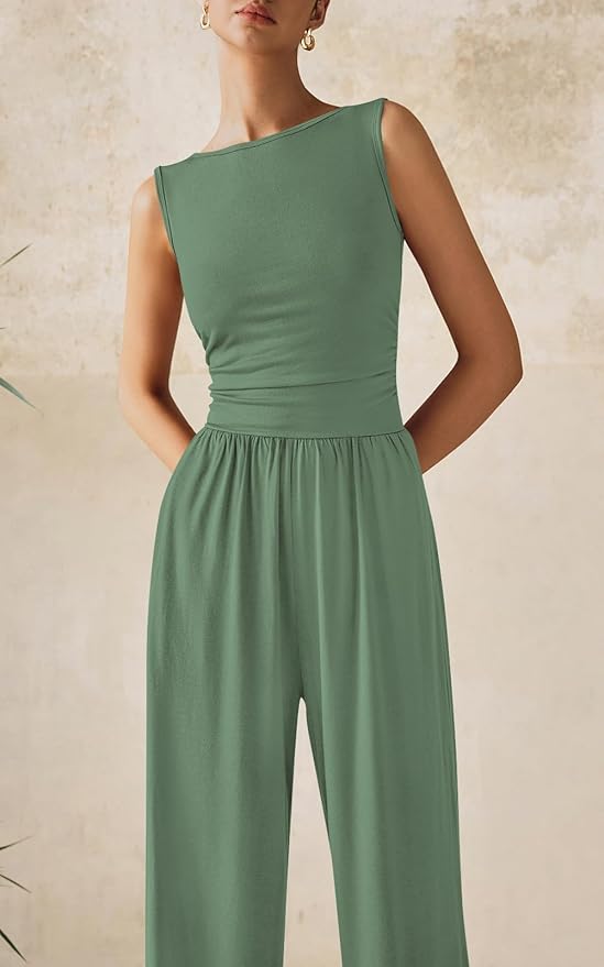 PRETTYGARDEN One Piece Jumpsuits for Women Dressy Casual Sleeveless Crewneck Wide Leg Rompers Jumpers Vacation Summer Outfits