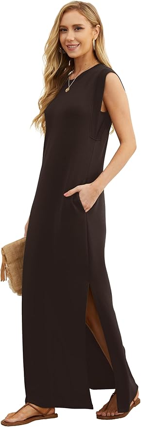 GRECERELLE 2026 Women Year-Round Casual Round Neck Loose Split Wrinkle-Free Long Maxi Vacation Dress with Pockets (XXS-4XL)