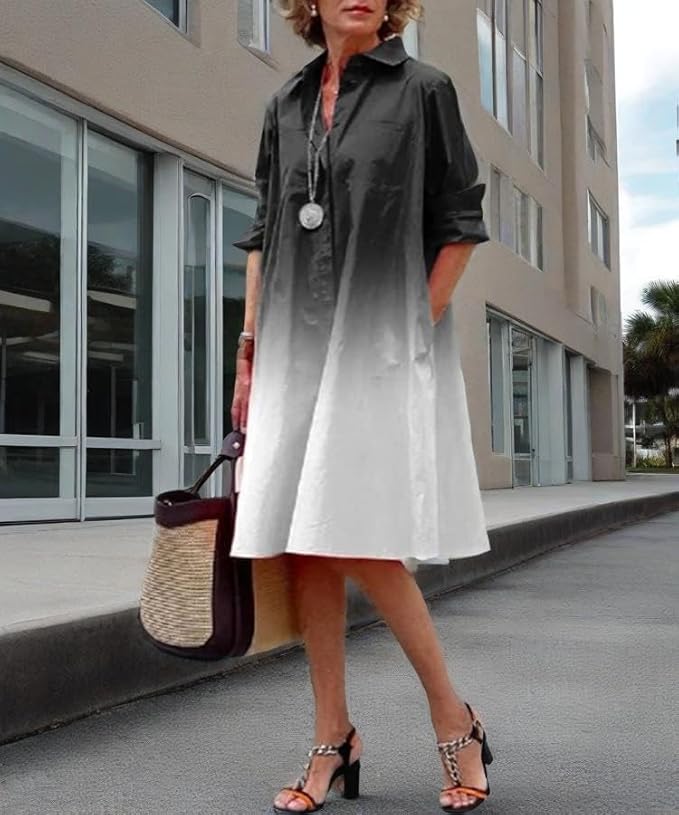 Womens 2025 Long Sleeve Button Down Shirt Summer Dress Casual V Neck Loose Fit Midi Shirt Dresses with Pockets