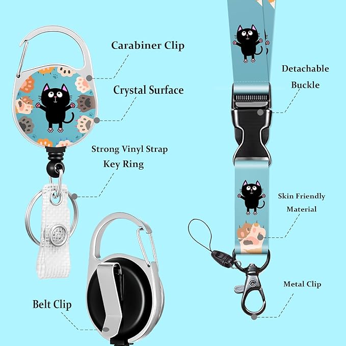 Cute cat Lanyards for ID Badges, Paws Badge Reel Retractable Badge HolderPaws Badge Reel Retractable Badge Holder with Lanyard for Teacher, Women, Kids
