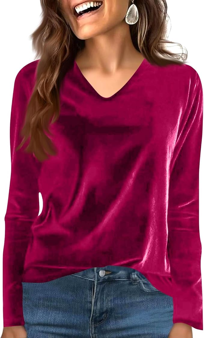 Velvet Tops for Women Dressy Casual V Neck Shirts Loose Fit Vintage Long Sleeve Velour Blouse Solid Holiday Party Outfits