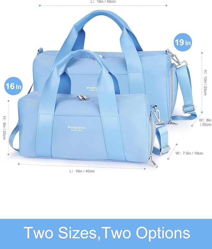 Sports Small Gym Bag for Women, Cute Mini Duffle Bag with Wet Pocket & Shoes Compartment, Personal Item Travel Workout Bag, 16"- Small, Sky Blue
