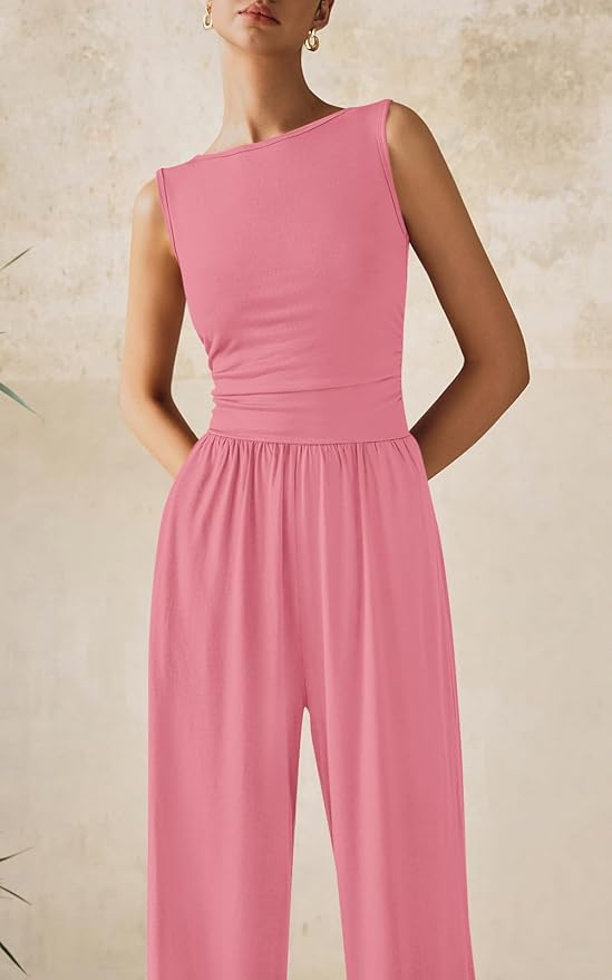 PRETTYGARDEN One Piece Jumpsuits for Women Dressy Casual Sleeveless Crewneck Wide Leg Rompers Jumpers Vacation Summer Outfits