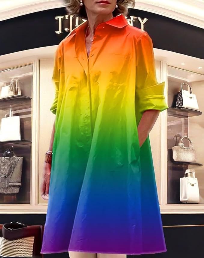 Womens 2025 Long Sleeve Button Down Shirt Summer Dress Casual V Neck Loose Fit Midi Shirt Dresses with Pockets
