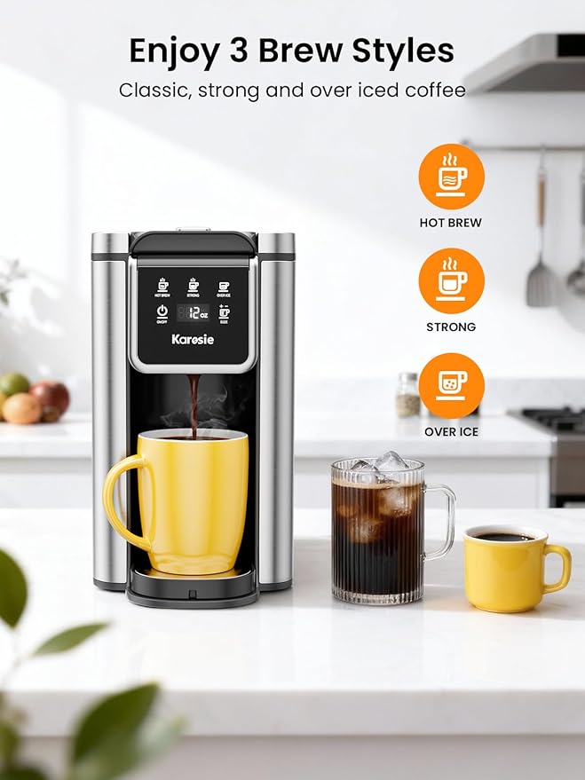 Karosie K Cup Coffee Maker with Strong Brew Setting, 50oz Removable Tank, 6-14 oz Brew Sizes Hot & Iced Coffee Machine for K-Cup and Grounds, Descaling Reminder, Stainless Steel,Black