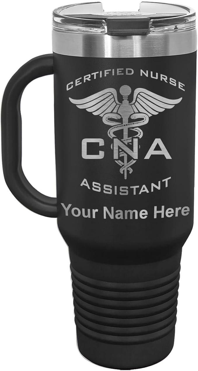 LaserGram 40oz Vacuum Insulated Travel Mug with Handle, CNA Certified Nurse Assistant, Personalized Engraving Included (Black)