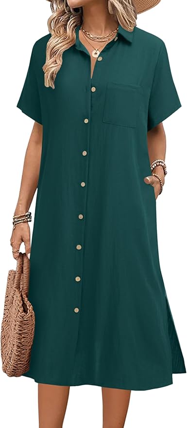 HOTOUCH Womens Dress Summer Casual Midi Short Sleeve Button Down Shirt Dresses Loose Beach Cover Up with Pockets