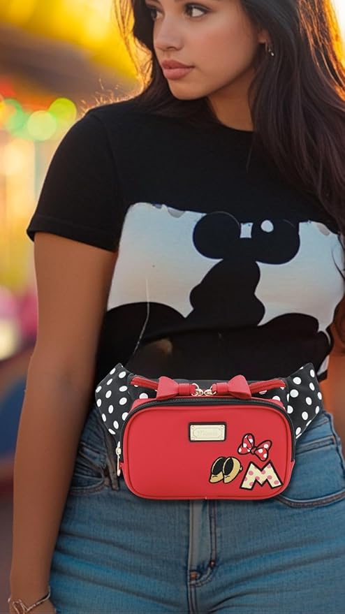 Minnie Ribbon Travel Bow Fanny Pack Crossbody Chest Waist Bum Sling Hip Belt Weekender Bag Cute Mouse Ear Faux Leather Purse Accessories Gift for Women Adult, Officially Licensed (Large)