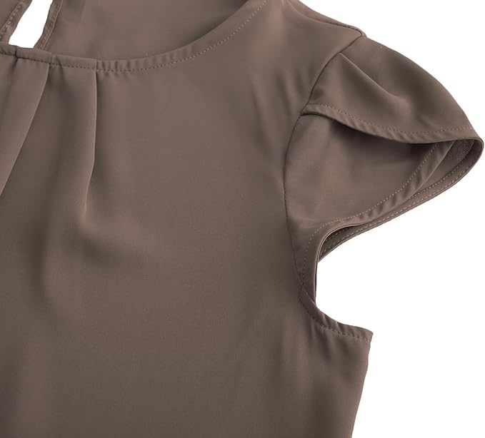 TASAMO Women's Casual Round Neck Basic Pleated Top Cap Sleeve Curved Keyhole Back Chiffon Blouse