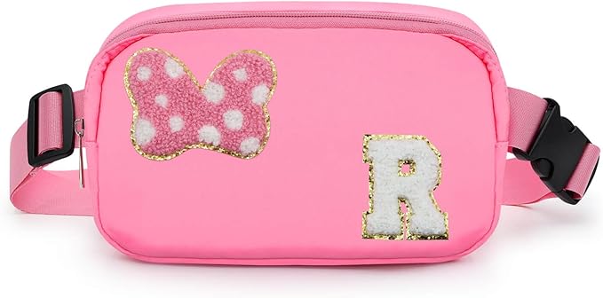 Chenille Initial Letter Bow Mouse Fanny Pack, Waterproof Park Crossbody Bag Christmas Birthday Gifts for Teen Girls Daughter Women Kids Adults, Cute Belt Bag Must Haves for Park Travel (R, Pink)