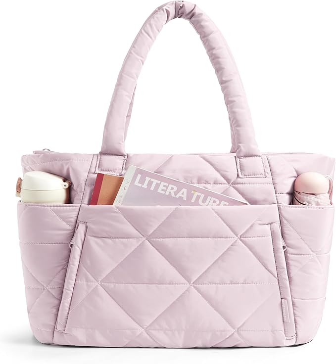 BAGSMART Tote Bag for Women, Puffy Tote Bag with Zipper, Large Quilted Shoulder Bag with Compartments for Travel, Work, Gym