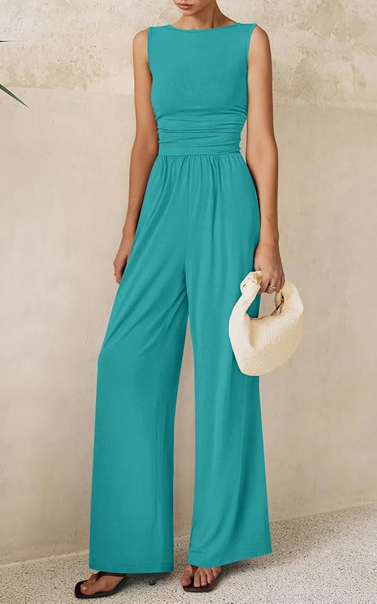 PRETTYGARDEN One Piece Jumpsuits for Women Dressy Casual Sleeveless Crewneck Wide Leg Rompers Jumpers Vacation Summer Outfits
