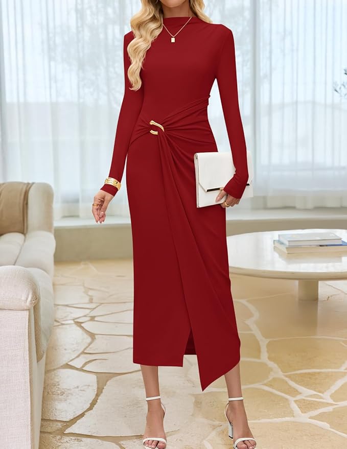 ZESICA Women's 2026 Spring Long Sleeve Bodycon Dress Mock Neck Wedding Guest Cocktail Party Long Midi Dresses