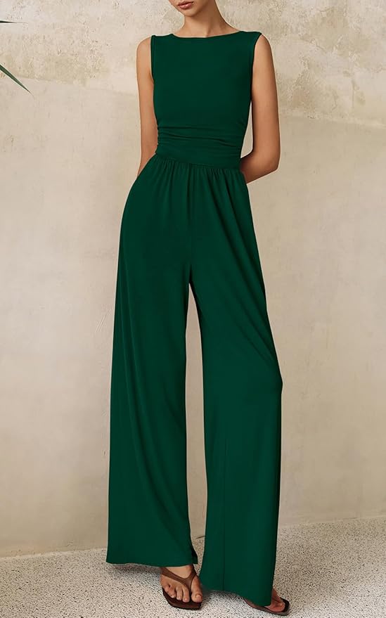 PRETTYGARDEN One Piece Jumpsuits for Women Dressy Casual Sleeveless Crewneck Wide Leg Rompers Jumpers Vacation Summer Outfits