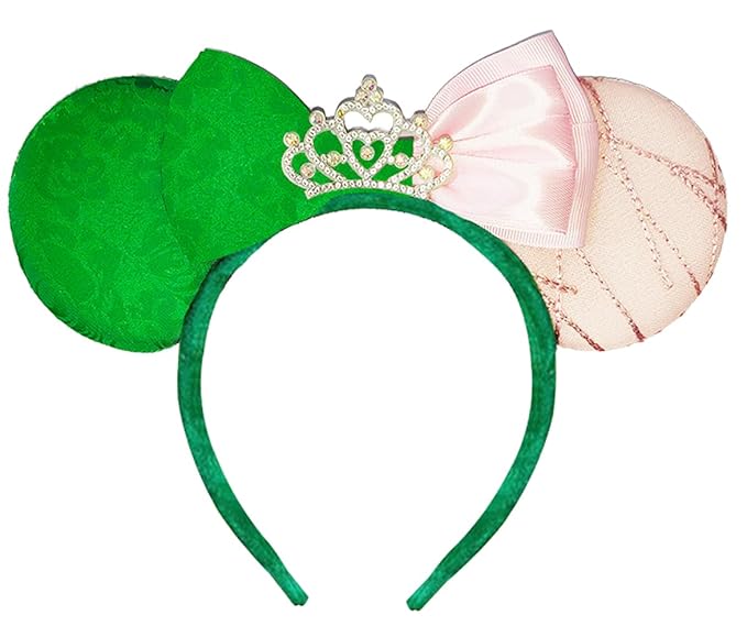 WW-WONDERFULWORLD Witch & Fairy Mouse Ears Headband, Green and Pink Two-Tone Design, Crystal Crown Tiara, Halloween Costume Accessory, for Birthday Party, Daily Fashion Headwear