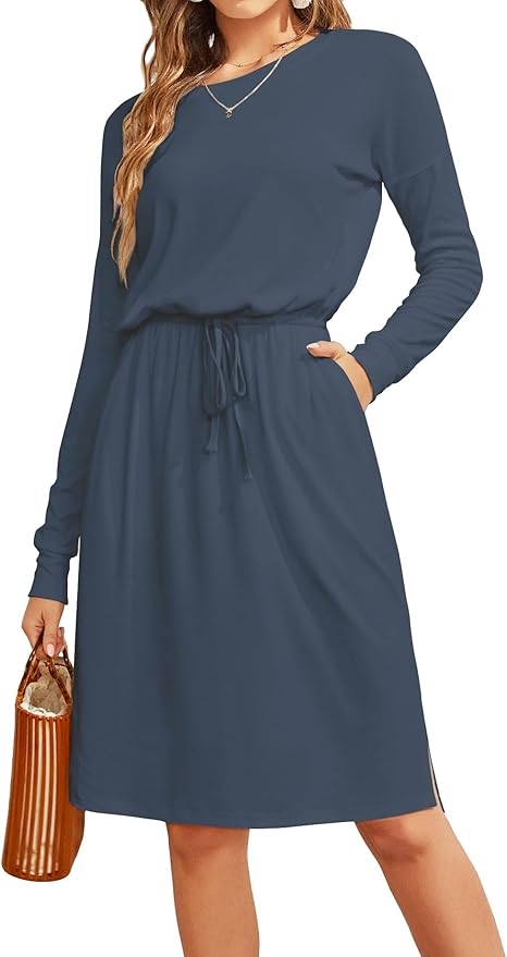 Simier Fariry Womens Spring Hide Belly Knee Length Travel Dress Pocket Summer Short Sleeve Midi Work Casual Outfits