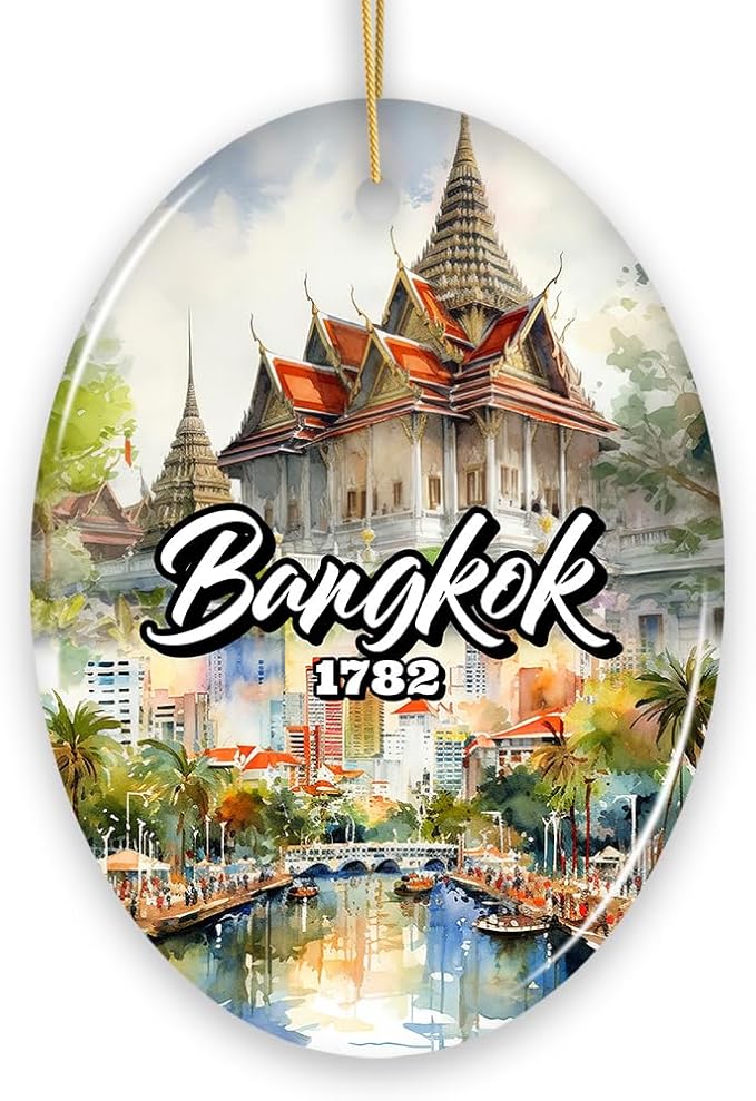 Lively Bangkok City Artistic Ceramic Ornament, Thailand Souvenir and Christmas Decor Keepsake (Oval)