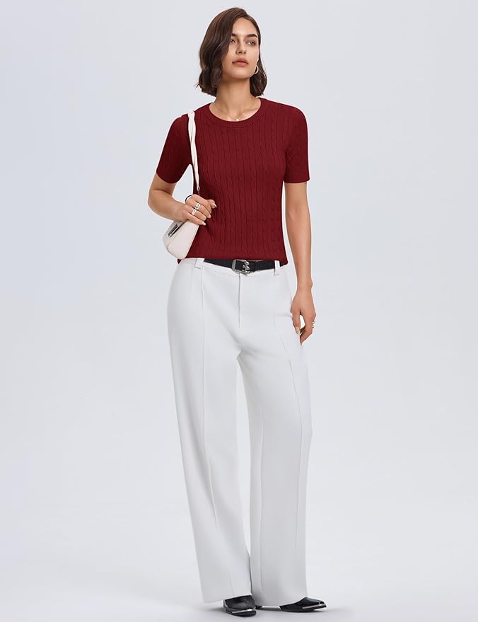 Micoson Womens Short Sleeve Cable Knit Sweater Tops Crewneck Lightweight Spring Summer Shirts Business Dressy Casual Outfits