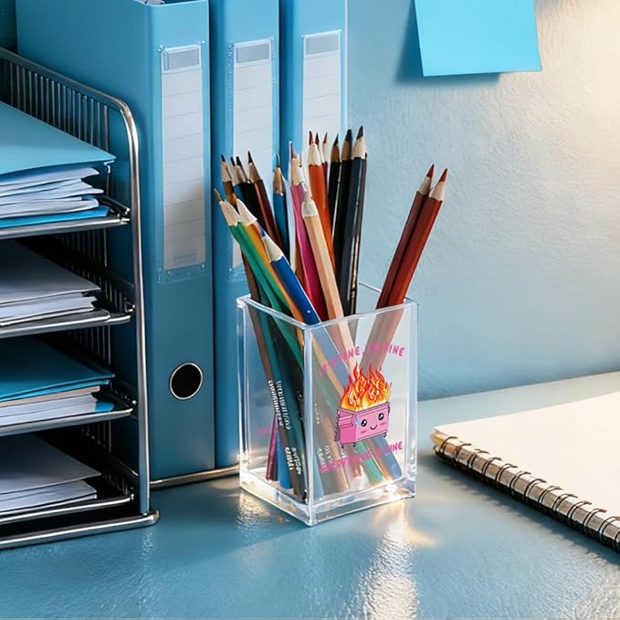 It's Fine I'm Fine Everything Is Acrylic Makeup Brush Pencil Holder Cup, Funny Pink Dumpster Fire Pen Holder Gifts For Friends HR Nurse, Office Gifts for Women Coworker, Pencil Cup for Desk