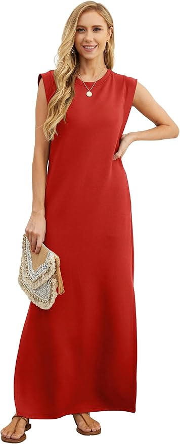 GRECERELLE 2026 Women Year-Round Casual Round Neck Loose Split Wrinkle-Free Long Maxi Vacation Dress with Pockets (XXS-4XL)