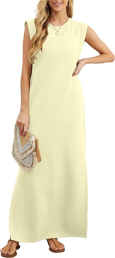 GRECERELLE 2026 Women Year-Round Casual Round Neck Loose Split Wrinkle-Free Long Maxi Vacation Dress with Pockets (XXS-4XL)