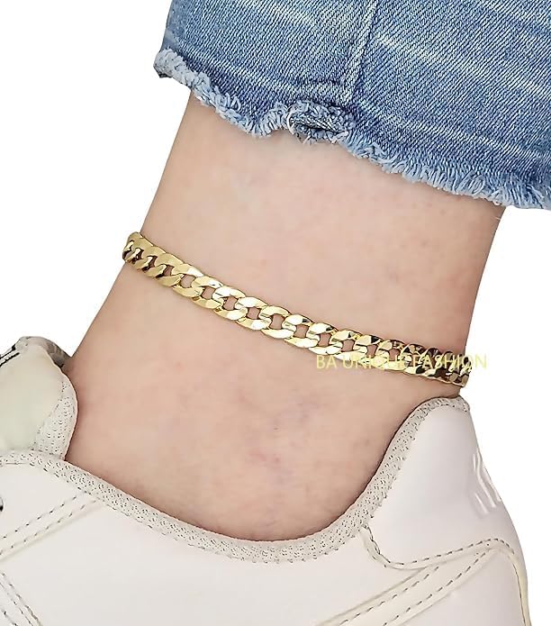 BA UNIQUE FASHION Gold Electroplated Anklet for Women, 9-12 Inch Sizes, Figaro, Cuban, Mariner, Herringbone Design - Made in Korea