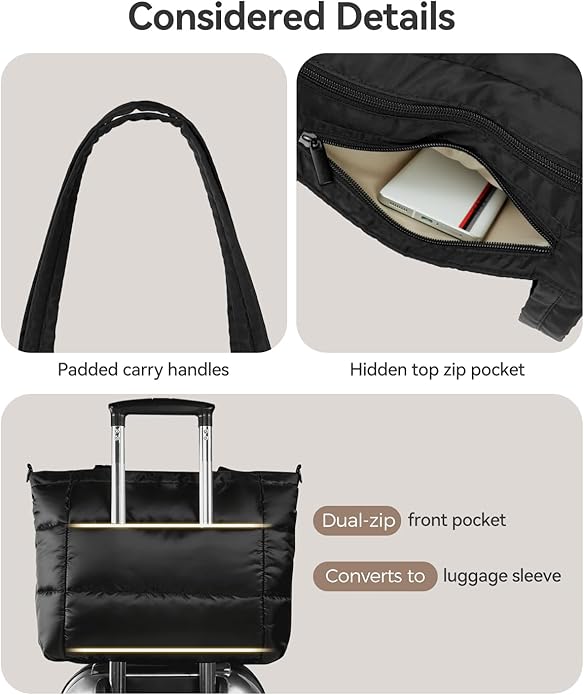 Moyad Puffy Tote Bag for Women with Zipper, Lightweight Quilted Bags Shoulder Handbag for Work, Travel, Gym, Nurse, Teacher