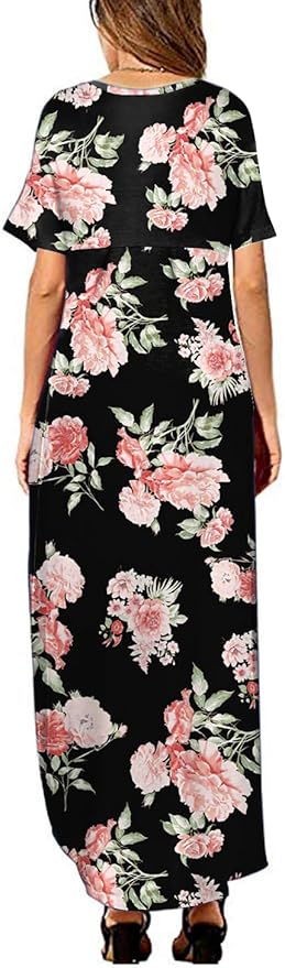 Arolina Women's Summer Maxi Dress Short Sleeve V Neck Casual Loose Long Beach Split Dresses with Pockets