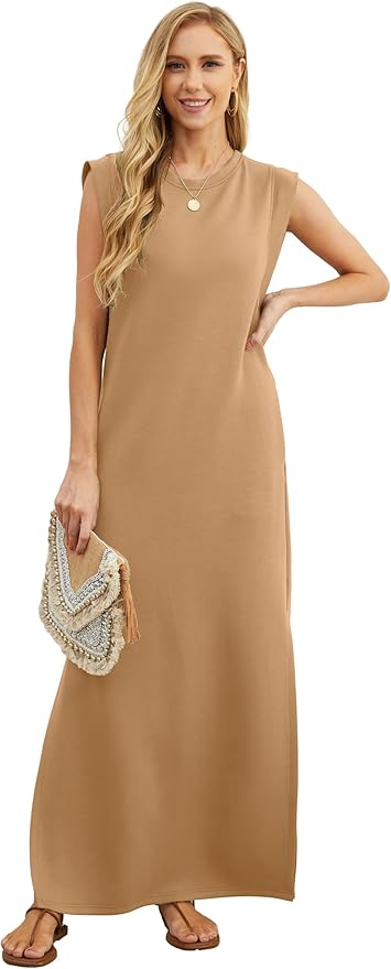 GRECERELLE 2026 Women Year-Round Casual Round Neck Loose Split Wrinkle-Free Long Maxi Vacation Dress with Pockets (XXS-4XL)