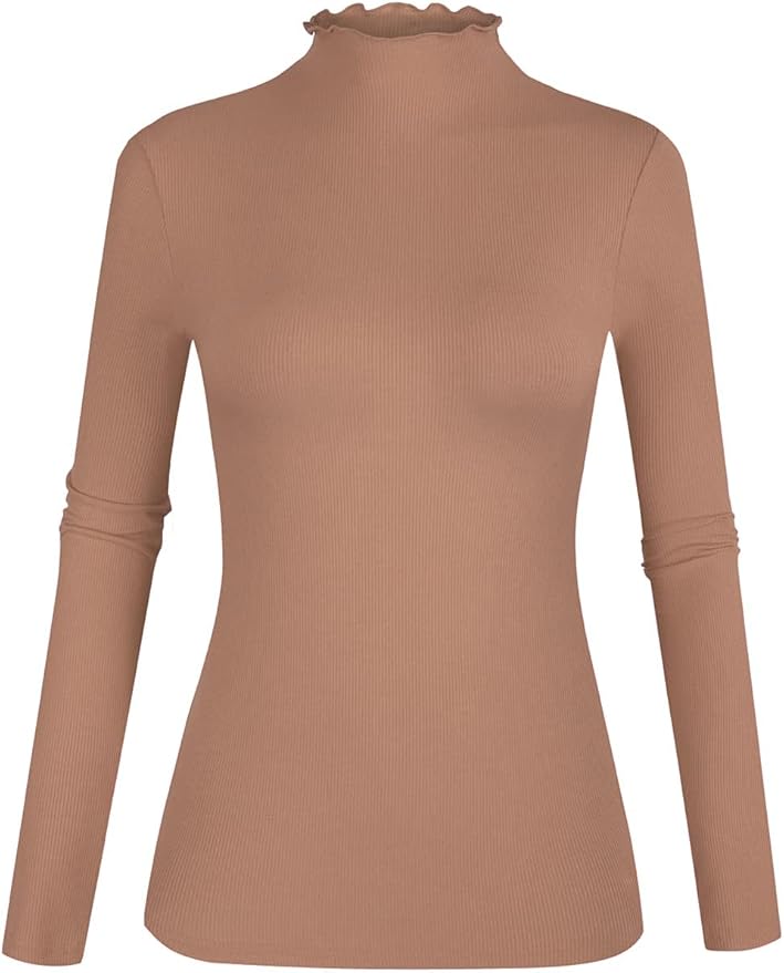 POPZONE Women's Lettuce Trim Mock Neck Long Sleeve Slim Fit Ribbed Knit Tee Shirt Tops