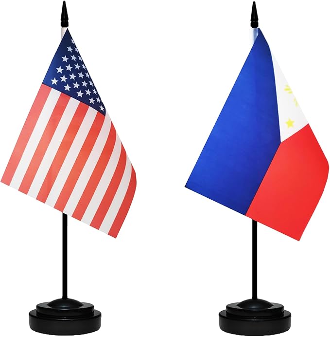 USA American & Philippines Filipino Philippine Desk Flags, US Philippines Office Table Flag, Small Mini Miniature Philippine and US Desktop Flag With 13" Solid Black Pole, Black Base