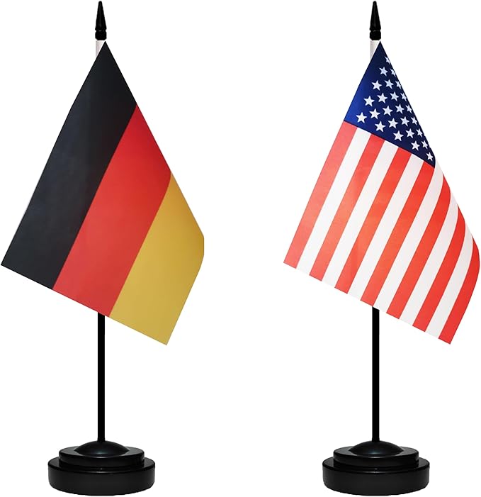 USA & Germany Desk Flag - Small Mini American & German Twin Table Office Flag, 13" Black Pole & Base