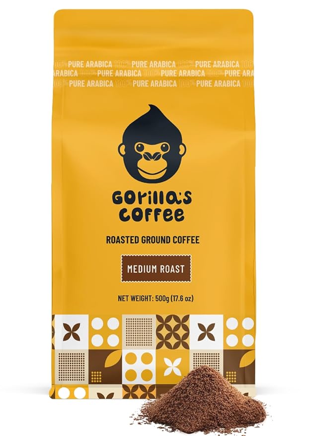 Gorilla's Coffee 100% Arabica - Medium Roast Ground Coffee, Fair Trade, Smooth, Balanced, Aromatic, Spice & Luscious Fruit Notes | Premium Rwandan Coffee | Rich, Flavorful, and Aromatic (500g/17.6oz)