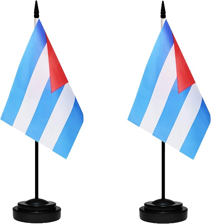 Cuba Cuban Deluxe Desk Flag Set, Small Mini Miniature Cuba Cuban Table Desktop Flags With Solid Pole, Black Base and Spear Top(2 Pack)