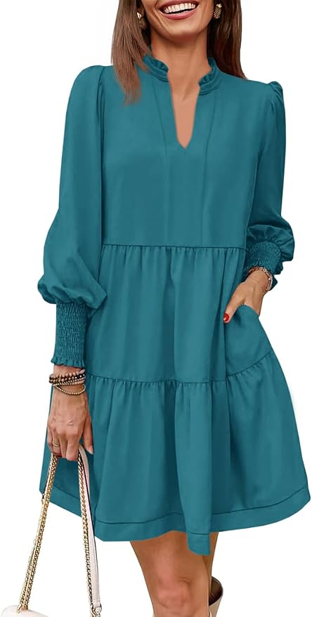 Imily Bela Womens Fall Long Sleeve Tunic Dress Casual V Neck Loose Ruffle Tiered Dress