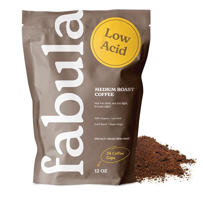 Fabula Low Acid Coffee, USDA Organic Ground Coffee Medium Roast - Non GMO - No Molds - Mycotoxins Pesticides Free - Single Origin Coffee - 12 oz