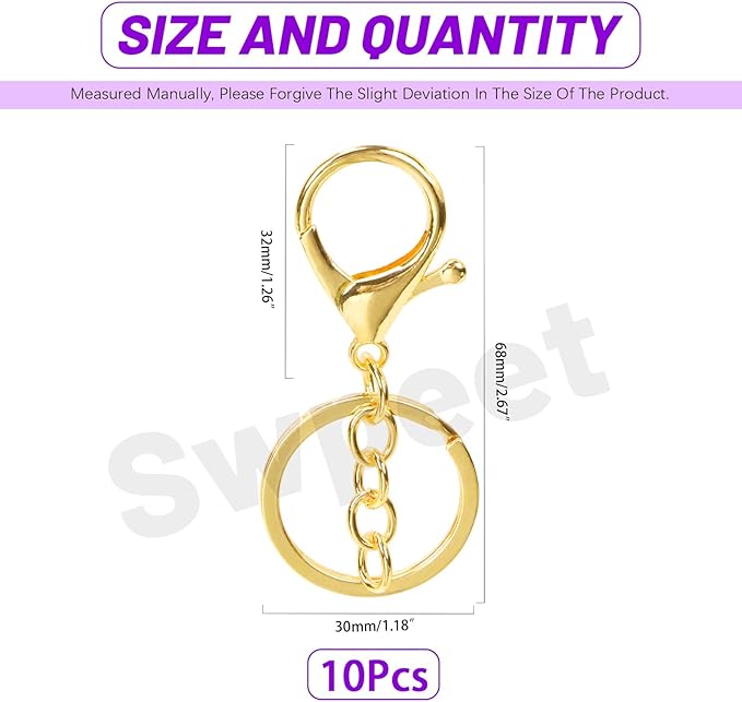 Swpeet 10Pcs Gold Lobster Claw Clasps with Key Chain and Flat Split Keychain Ring Assortment Kit, Swivel Clasps Hook Clips Swivel Snaps Hooks for Purse Strap Keychain DIY Crafts