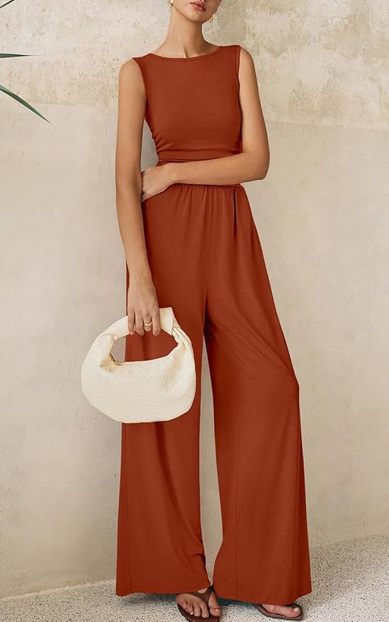 PRETTYGARDEN One Piece Jumpsuits for Women Dressy Casual Sleeveless Crewneck Wide Leg Rompers Jumpers Vacation Summer Outfits