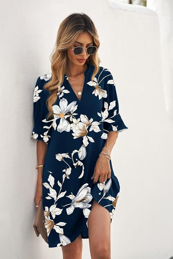 Wkior Shift Dress for Women V Neck Short Sleeves Solid Color Casual Flowy Summer Dresses(S-2XL)