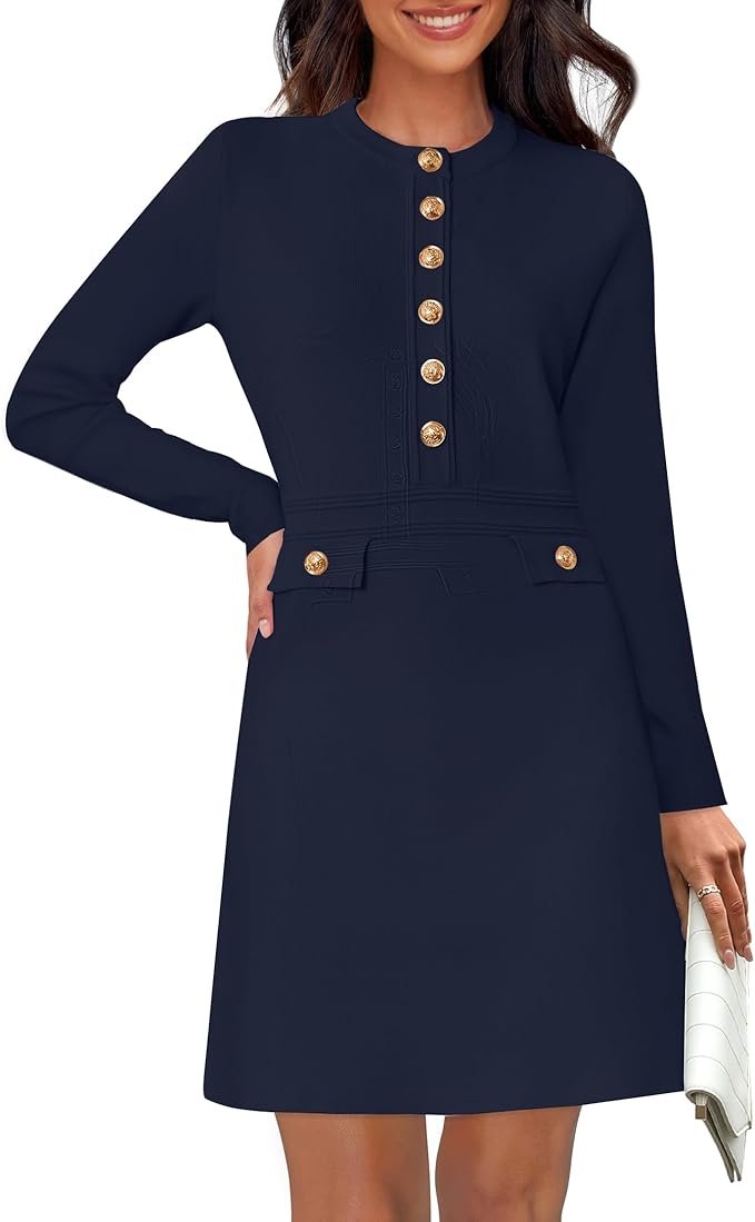 NENONA Women's 2026 Long Sleeve Fall Winter Sweater Dress Spring Fashion Button Elegant Business Casual Work Mini Dresses