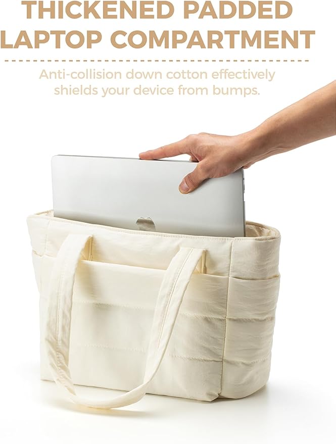 Puffer Tote Bag for Women, Lightweight Laptop Bag with Zipper Quilted Shoulder Bag for Work, Travel, Gym