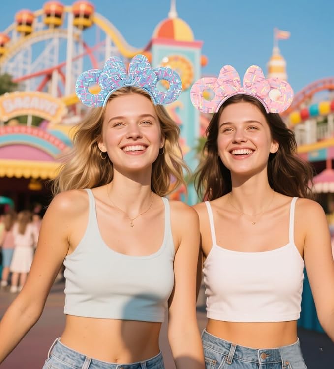 WW-WONDERFULWORLD 2 Pack Mouse Ears Headband Sets, Multicolor line Maze Sequin Pattern, Pink & Blue Band, Party Costume Accessory; TTQ2