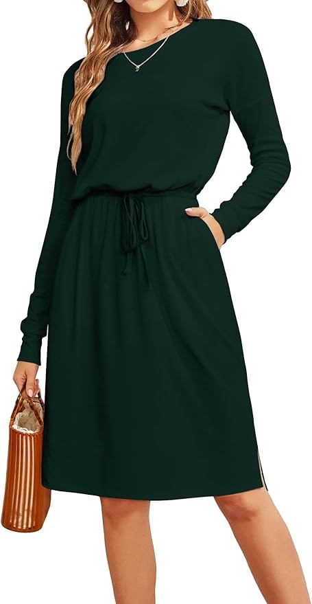 Simier Fariry Womens Spring Hide Belly Knee Length Travel Dress Pocket Summer Short Sleeve Midi Work Casual Outfits