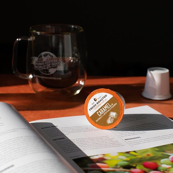 Fresh Roasted Coffee, Caramel, Flavored Coffee Pods, 24 Count