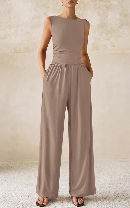 PRETTYGARDEN One Piece Jumpsuits for Women Dressy Casual Sleeveless Crewneck Wide Leg Rompers Jumpers Vacation Summer Outfits