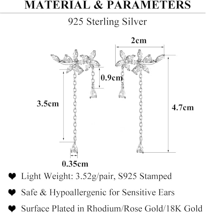 SLUYNZ 925 Sterling Silver CZ Flowers Wrap Dangle Chain Earrings - Elegant Bridal Wedding Engagement Drop Earrings
