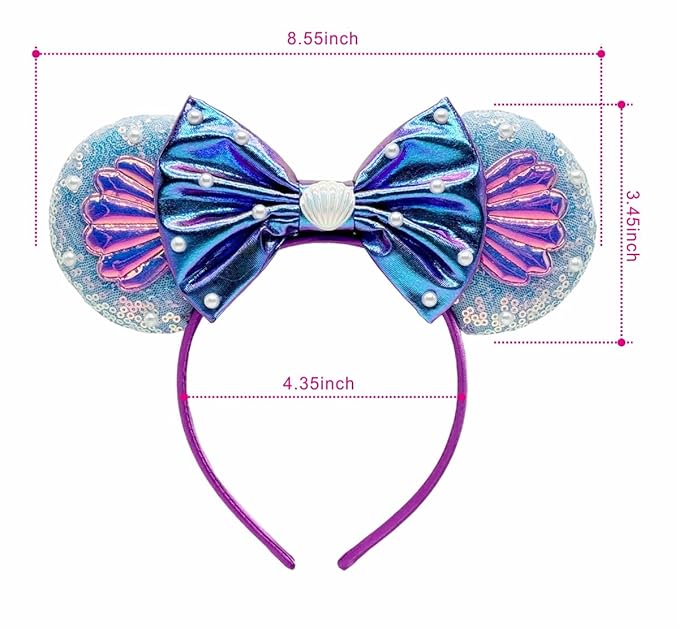 WW-WONDERFULWORLD Mouse Ears Headbands With Shiny Sequins and Exquisite Shell & Pearl Decoration, for Girls Costume Cosplay Glitter Party, Purple+Blue; BK-L